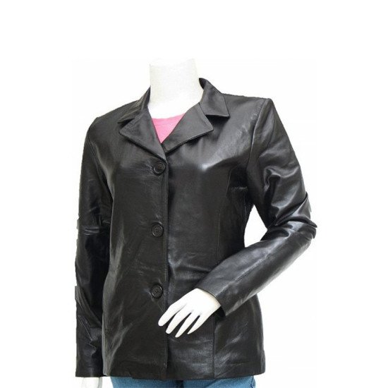 3 Button Black Casual Wear Leather Blazer For Women’s