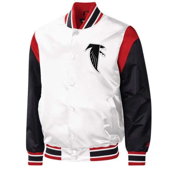 Atlanta Falcons Throwback Warm Up Pitch White Varsity Satin Jacket