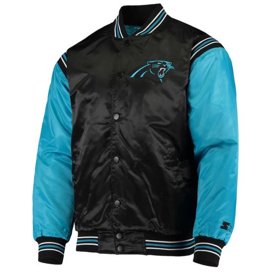 Black Blue Carolina Panthers Enforcer Varsity Satin Jacket
