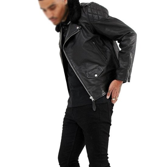 Black Leather Biker Jacket With Faux Fur Collar