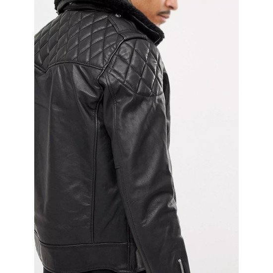 Black Leather Biker Jacket With Faux Fur Collar