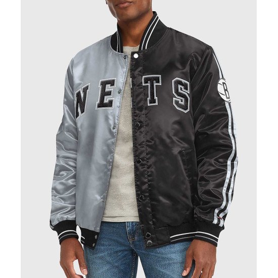 Brooklyn Nets Black and Gray Varsity Satin Jacket