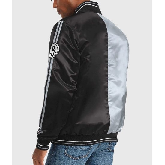 Brooklyn Nets Black and Gray Varsity Satin Jacket