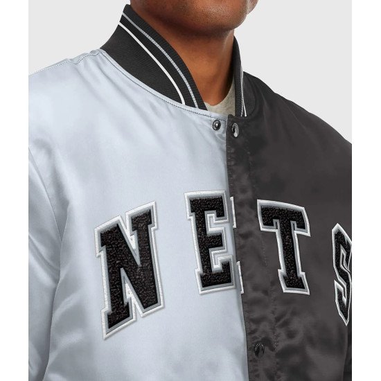 Brooklyn Nets Black and Gray Varsity Satin Jacket