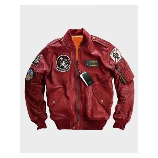 Carrier Air Wing Red Leather Bomber Jacket for Men