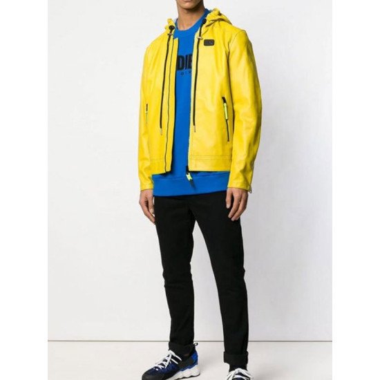 Casual Style Yellow Hooded Leather Jacket for Men