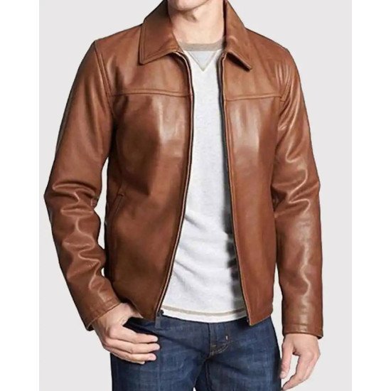 Casual Zipper Brown Leather Jacket for Men