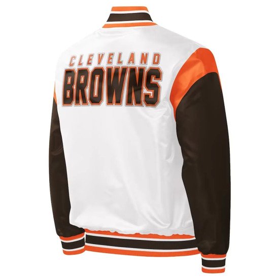 Cleveland Browns Throwback Warm Up Pitch White and Brown Varsity Satin Jacket