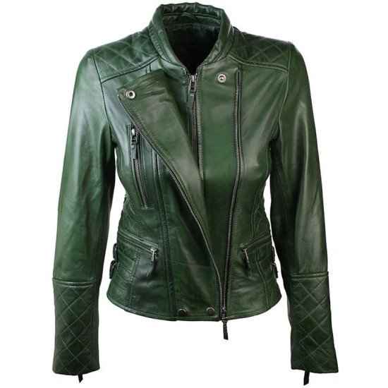 Diamond Quilted Leather Biker Jacket Green Edition