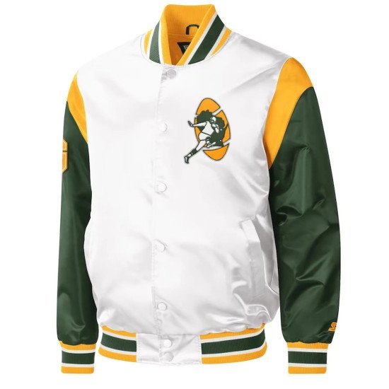 Green Bay Packers Throwback Warm Up Pitch Varsity Satin Jacket