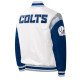 Indianapolis Colts Throwback Warm Up Pitch White Varsity Satin Jacket