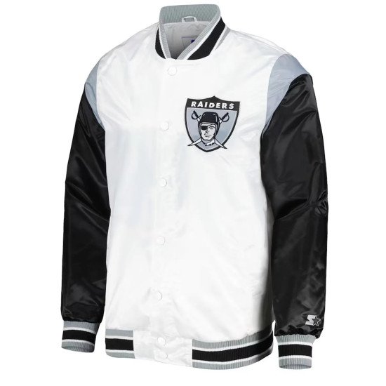 Las Vegas Raiders Throwback Warm Up Pitch White Varsity Satin Jacket