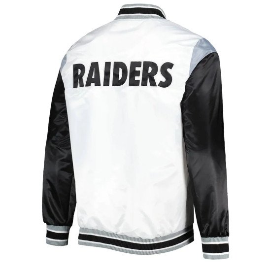 Las Vegas Raiders Throwback Warm Up Pitch White Varsity Satin Jacket