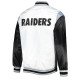 Las Vegas Raiders Throwback Warm Up Pitch White Varsity Satin Jacket