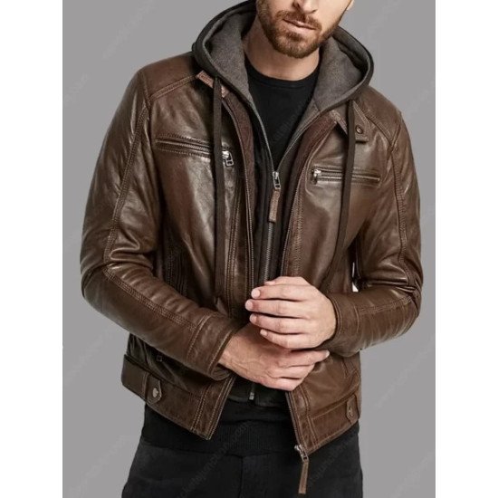 Men's Brown Leather Jacket with Hood