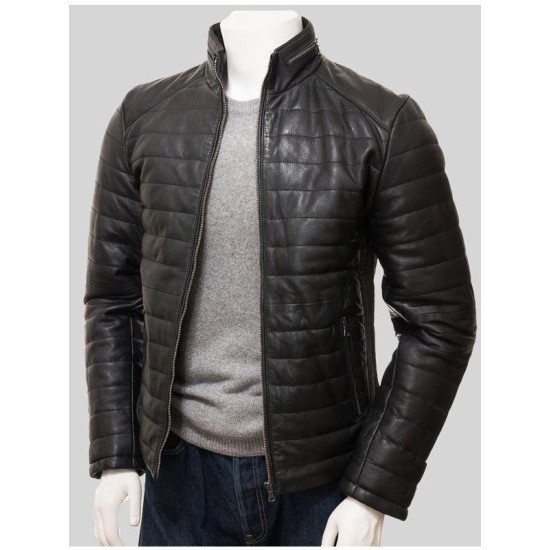 Men's Casual Wear Black Quilted Leather Jacket With Standing Collar