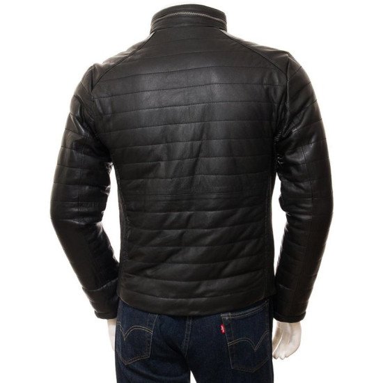 Men's Casual Wear Black Quilted Leather Jacket With Standing Collar