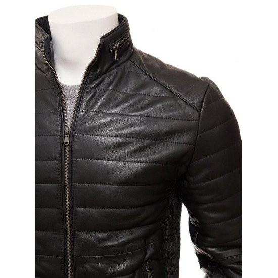 Men's Casual Wear Black Quilted Leather Jacket With Standing Collar