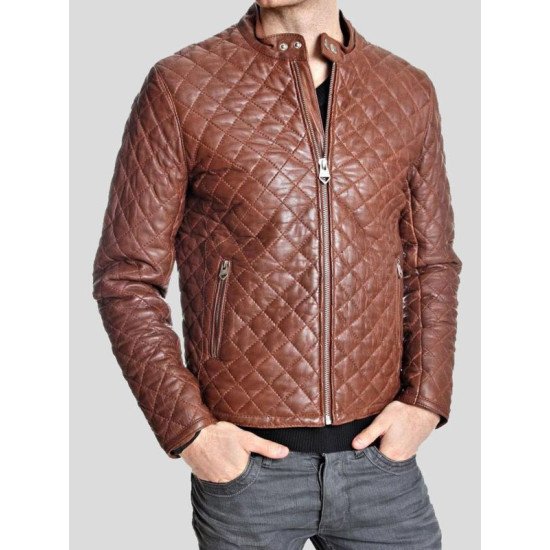 Men's Diamond Quilted Style Brown Leather Jacket