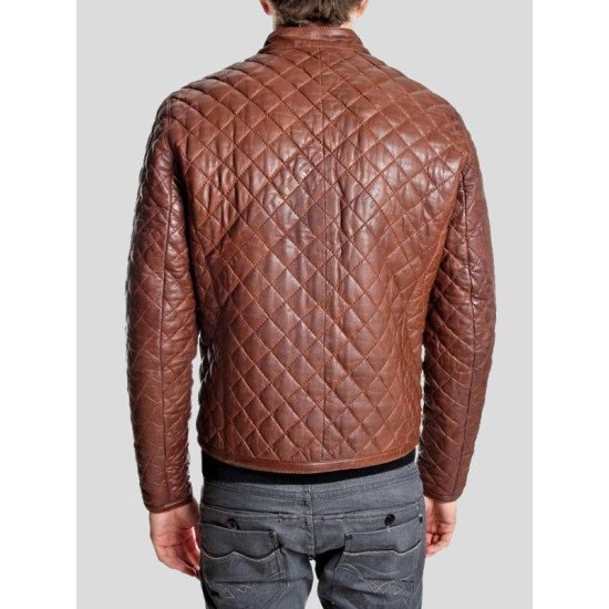 Men's Diamond Quilted Style Brown Leather Jacket