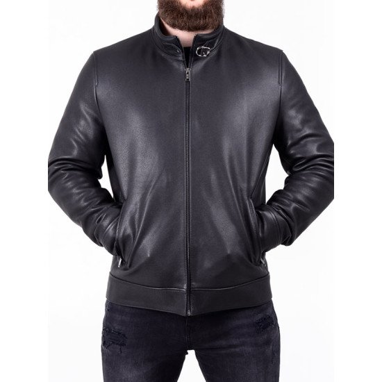 Men's Genuine Black Leather Biker Jacket with Belted Collar