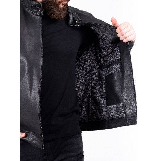 Men's Genuine Black Leather Biker Jacket with Belted Collar