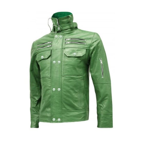Men's Green High Collar Biker Leather Jacket