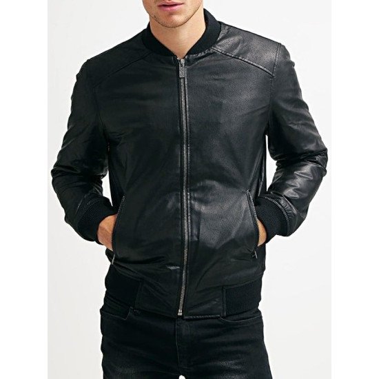 Men's Real Sheepskin Leather Bomber Jacket Solid Black
