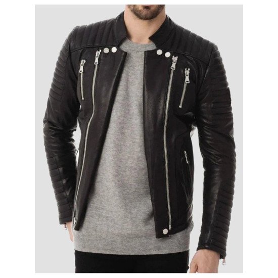 Mens Four Pockets Quilted Black Leather Jacket