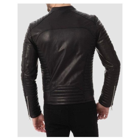 Mens Four Pockets Quilted Black Leather Jacket