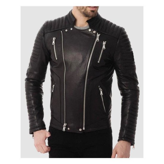 Mens Four Pockets Quilted Black Leather Jacket