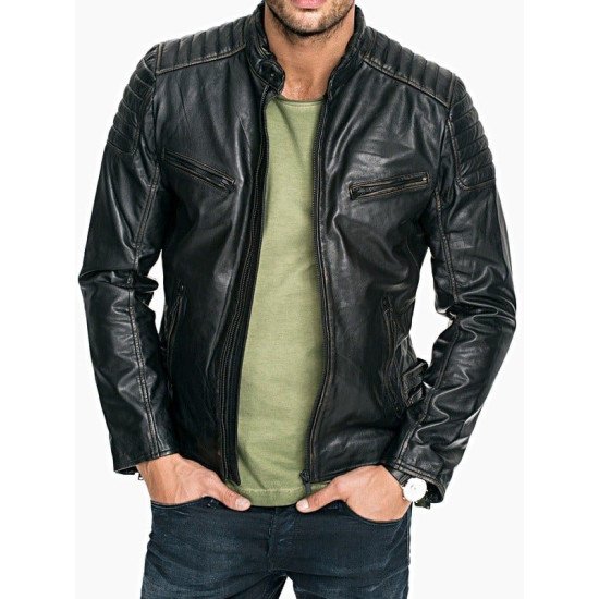 Mens Quilted Rub Off Goatskin Leather Jacket Distressed Black