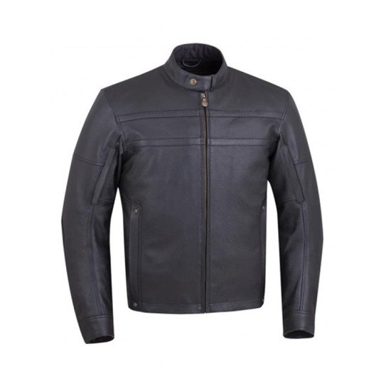 Mens Snap Tab Collar Black Motorcycle Leather Jacket