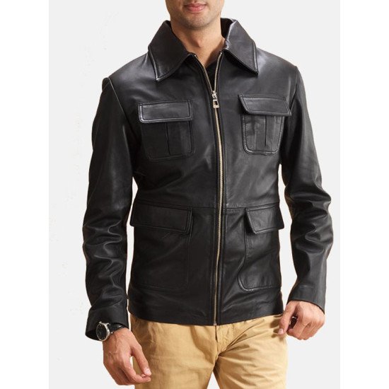 Men’s 4 Flap Pockets Black Leather Jacket