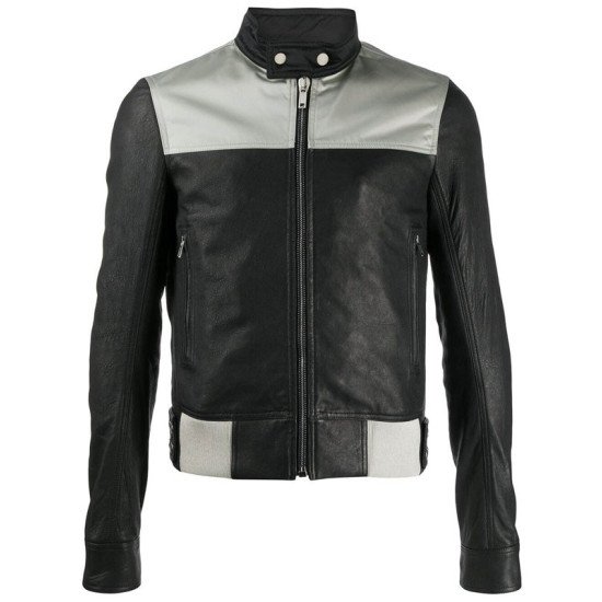 Men’s Black & Grey Slim Fit Leather Biker Jacket