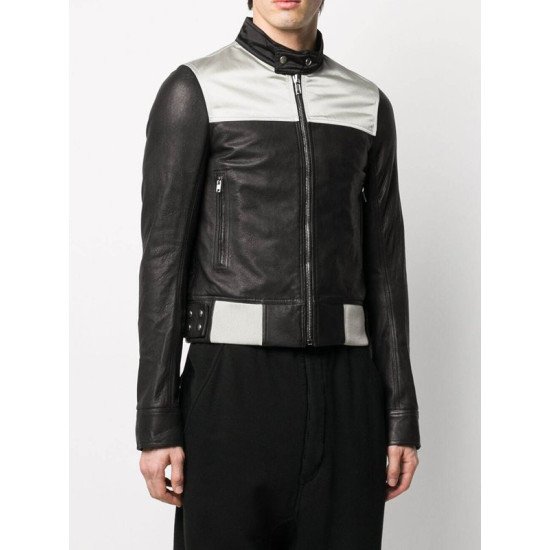 Men’s Black & Grey Slim Fit Leather Biker Jacket