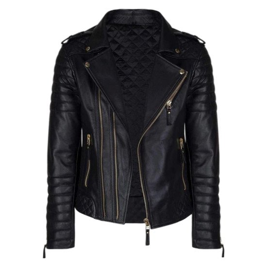 Men’s Black Leather Biker Jacket With Gold Hardware