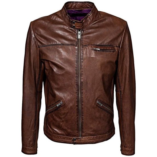 Men’s Café Racer Brown Leather Biker Jacket (Retro Style)