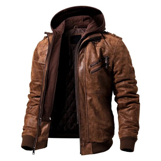 Men’s Hooded Bomber Leather Jacket