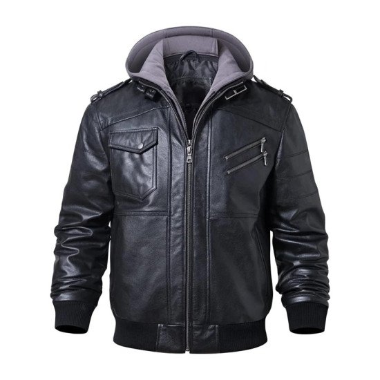 Men’s Hooded Bomber Leather Jacket