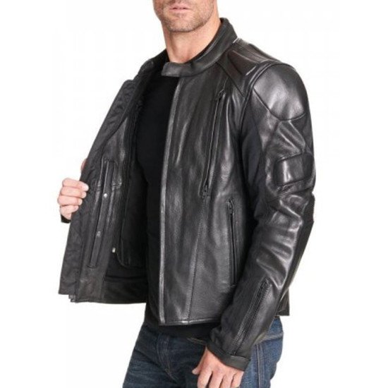 Men’s Padded Black Leather Biker Jacket