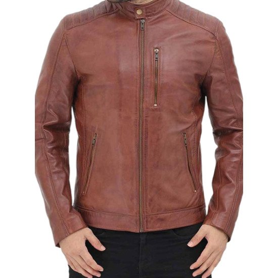 Men’s Padded Brown Leather Biker Jacket