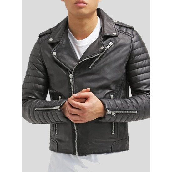 Men’s Slim Fit Black Leather Quilted Biker Jacket