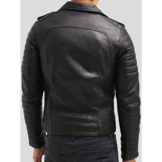 Men’s Slim Fit Black Leather Quilted Biker Jacket