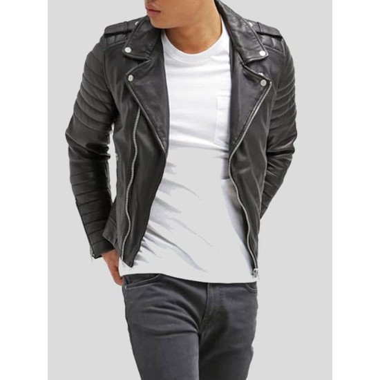Men’s Slim Fit Black Leather Quilted Biker Jacket
