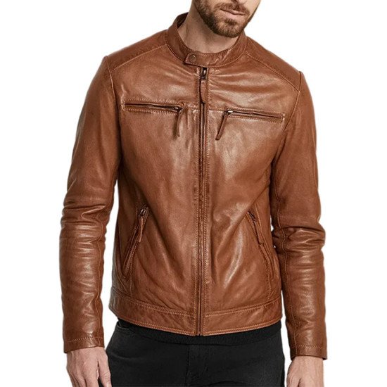 Men’s Slim Fit Brown Leather Biker Jacket