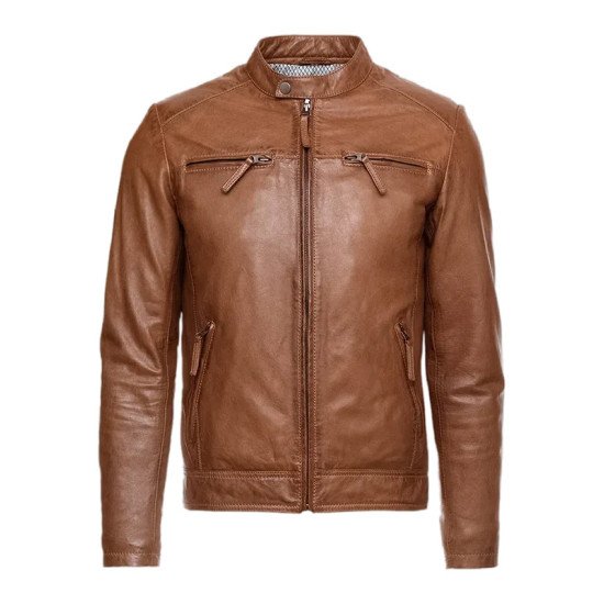 Men’s Slim Fit Brown Leather Biker Jacket