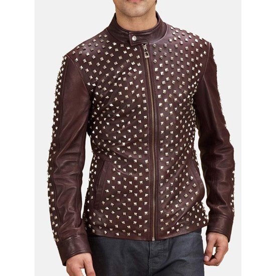 Men’s Snap Tab Brown Studded Leather Jacket