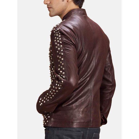 Men’s Snap Tab Brown Studded Leather Jacket