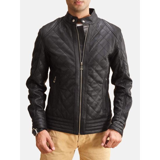 Men’s Snap Tab Collar Quilted Black Leather Jacket
